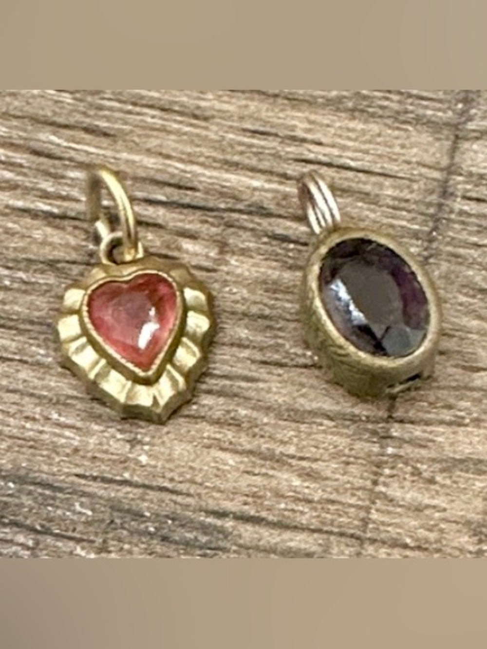 Gold Pendant w Pink Stone Heart - Antique Gold w Purple Stone Pendant